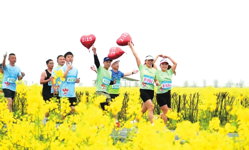 跑友在油菜花海中奔跑
