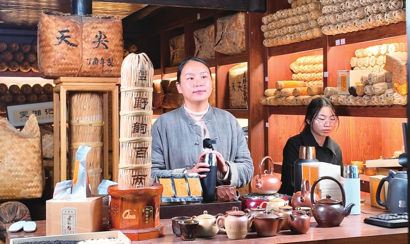 李雯向顾客推介安化黑茶。